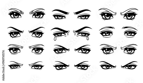 Minimal anime eyes icon set manga character eye expressions black and white vector isolated on white background