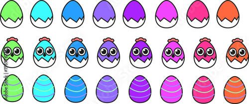 A comprehensive collection of separate cute cartoon Easter egg icons, each adorned with a unique colorful pattern and design. Perfect for crafting personalized digital stickers, creating diverse mobil