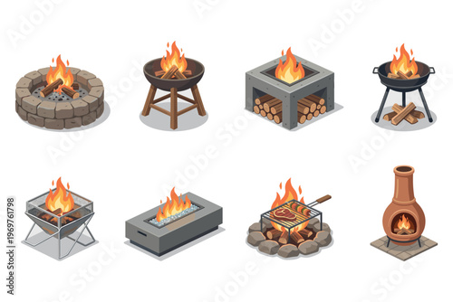 Fire Pit Icons Set – Outdoor Fireplace Flat Vector Collection