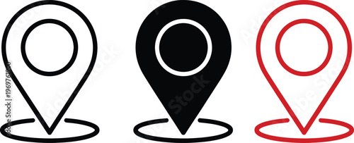 Three stylized map location pins in different colors and designs