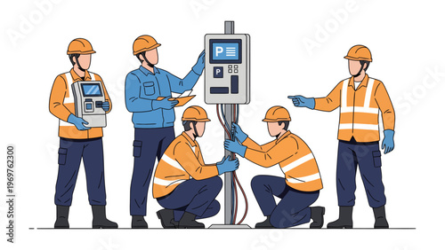 Team of Technicians Installing a Parking Meter: A team of skilled technicians meticulously works on the installation of a new parking meter, showcasing precision, coordination.
