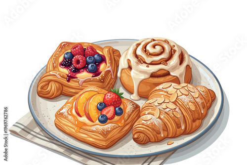 Glossy Pastries Set – Danish, Cinnamon Roll and Croissant Vector Illustration
