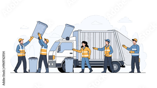 City Sanitation: A dedicated team of sanitation workers diligently collects and loads waste into a specialized truck, ensuring cleanliness and order in the urban landscape.