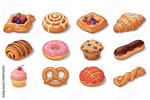Glossy Pastries Set – Danish, Cinnamon Roll and Croissant Vector Illustration