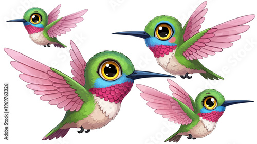 Cute hummingbird cartoon character set, colorful tropical bird vector illustration, vibrant green and pink hummingbirds with big eyes