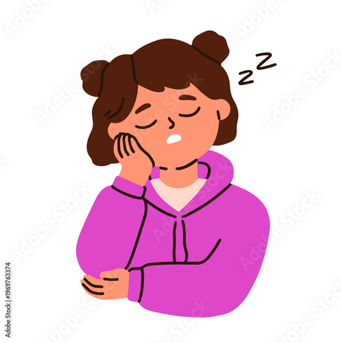 Sleepy drowsy girl resting with head on hand and closed eyes. Tired low-energ...
