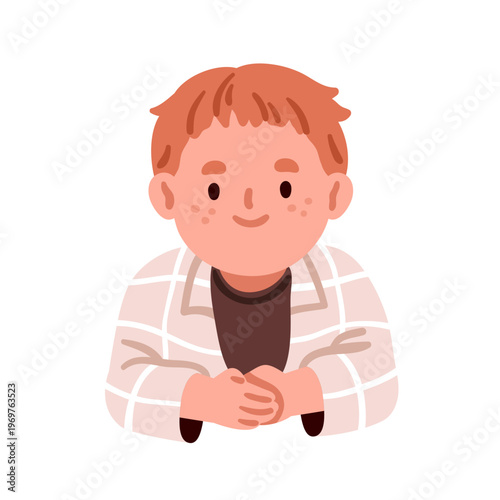 Cute boy smiling. Redhead child character with freckles. Happy elementary schoolkid, little adorable school kid portrait, sitting. Flat vector illustration isolated on white background