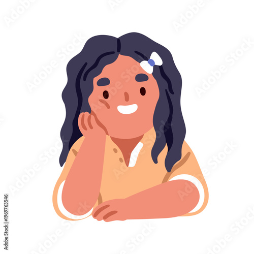 Cute girl, leaning head, cheek on hand, listening with happy smiling face expression. Funny positive joyful little school child character. Flat vector illustration isolated on white background