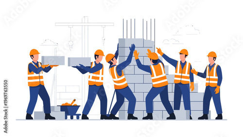 Construction Teamwork: A group of construction workers, united in purpose, diligently build a sturdy brick wall, demonstrating collaboration and skill in the face of hard work.