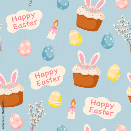 Holiday ornament with Easter panettone rabbit ears and willow on light blue background