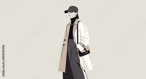 Modern flat vector illustration of a chic woman with sunglasses and a coat, capturing an elegant minimalist street style aesthetic with a trendy cap