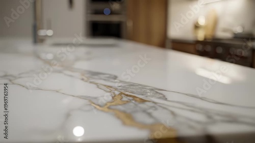 Close-up macro lens view of a luxurious marble countertop with intricate gold veining, showcasing the smooth surface and reflections in a modern kitchen setting
