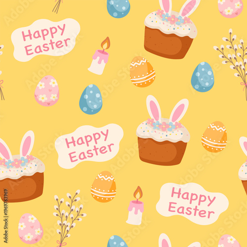 Easter seamless pattern with traditional cakes bunny ears and spring flowers on yellow