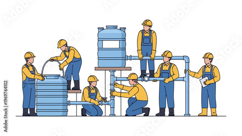 Water System Installation: A team of skilled technicians meticulously installs a water system, showcasing their expertise in plumbing, engineering, and infrastructure development. 
