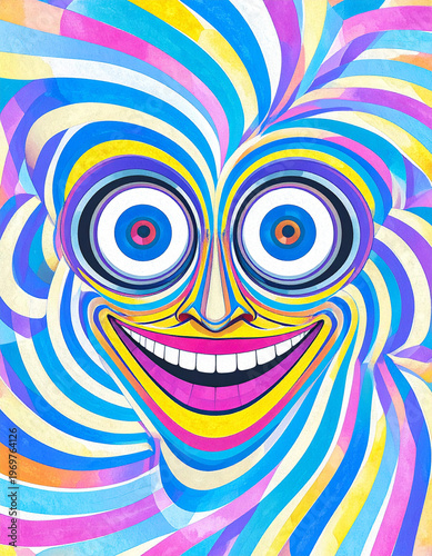 A colorful abstract portrait of a face with wide eyes and an open mouth, featuring swirling psychedelic patterns. The composition is filled with vibrant wavy lines and contains no copy space