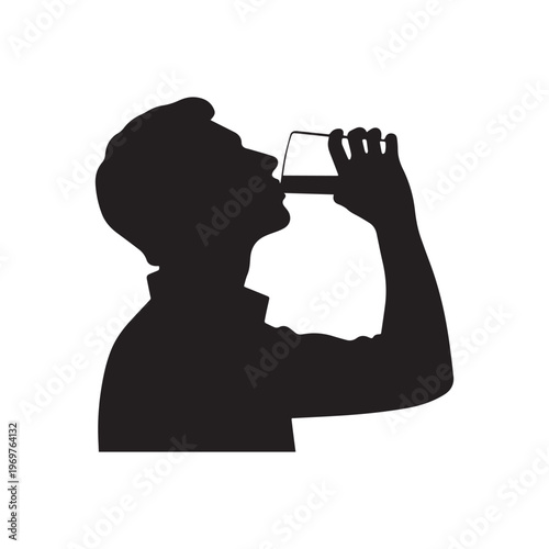 Silhouette of a Young Man Drinking Water From a Glass Cup. 
