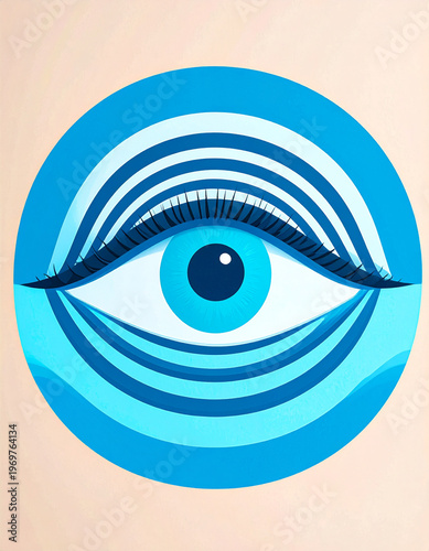 Modern Blue Evil Eye Illustration Nazar Amulet Graphic with Copy Space and Beige Background