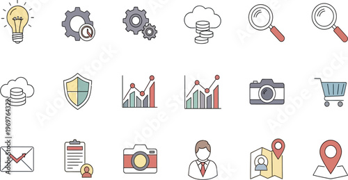 Modern business icons set, professional marketing and data analytics vector collection, 18 colorful thin line icons for web and app interface design