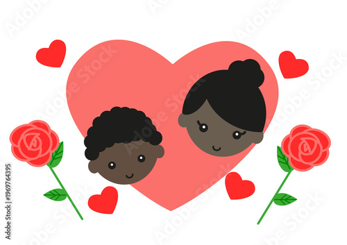 母の日　ハートの中に描かれた黒人の男の子とお母さんとバラのイラスト