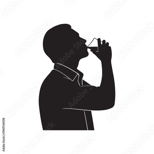 Silhouette of a Young Man Drinking Water From a Glass Cup. 