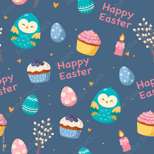 Deep blue seamless background with Easter bird festive food and spring willow