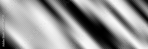 Abstract monochrome diagonal lines background, black and white striped pattern with metallic glow effect, minimalist geometric texture for modern tech banner and creative backdrop.