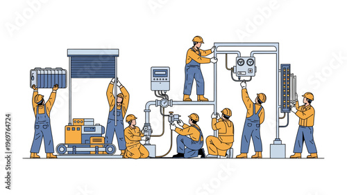 Industrial Assembly Illustration: An illustration depicting skilled workers diligently assembling complex industrial machinery, emphasizing precision, collaboration.