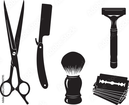 A comprehensive collection of essential vintage barbering and grooming tools, showcasing traditional instruments for classic men's shaving and hair care