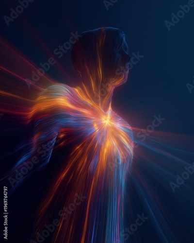A futuristic human silhouette with glowing, multicolored light streams radiating from the chest and head against a dark background.