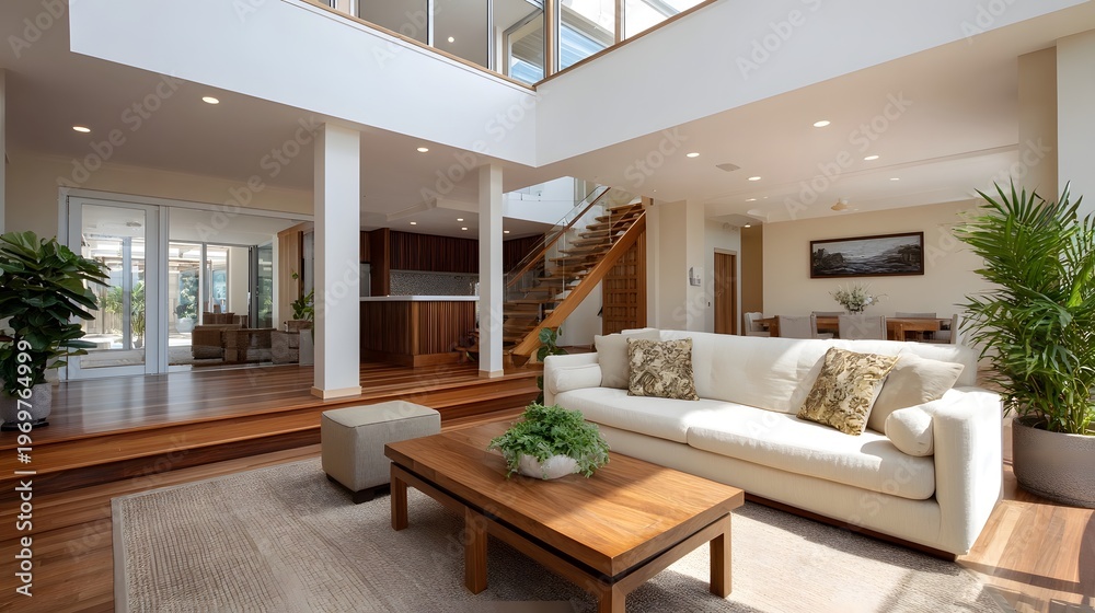 Fototapeta premium Spacious modern interior with open plan kitchen featuring a comfortable sofa and natural light