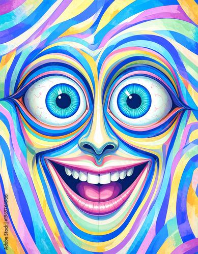 A colorful abstract portrait of a face with wide eyes and an open mouth, featuring swirling psychedelic patterns. The composition is filled with vibrant wavy lines and contains no copy space