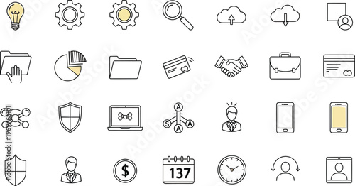 Modern business icons set, 28 professional thin line vector elements, corporate finance and office management symbols for web design