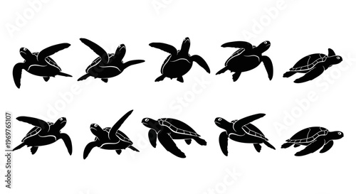 Collection of Black Sea Turtle Silhouettes in Various Swimming Poses.