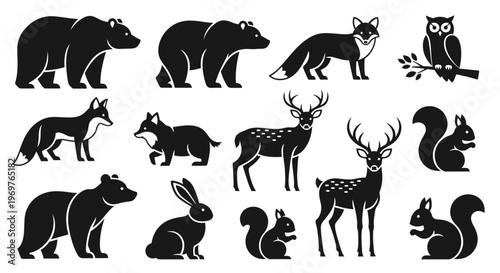 Collection of various forest animals in silhouette style.