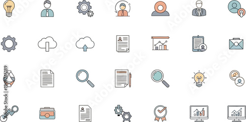 Modern business icons set, professional corporate management vector elements, 28 thin line web symbols for marketing and human resources