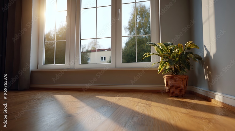 Fototapeta premium Sunlight streaming through a window into a bright modern room with a potted plant and wooden floor