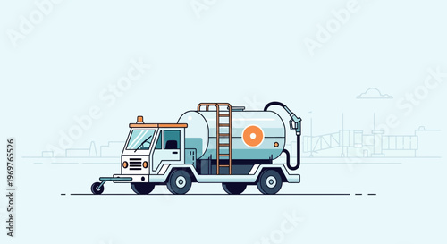 Water truck with hose and city skyline background
