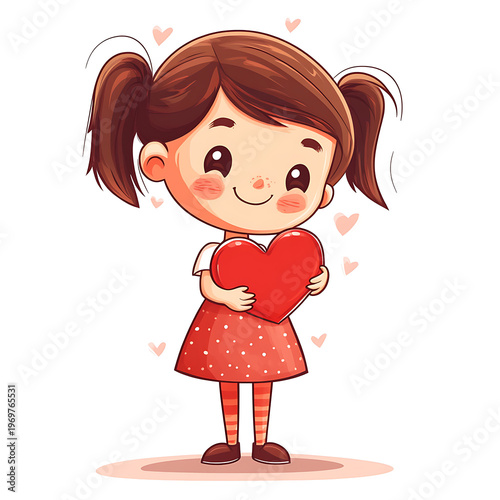 Adorable Girl with Heart Cartoon Illustration