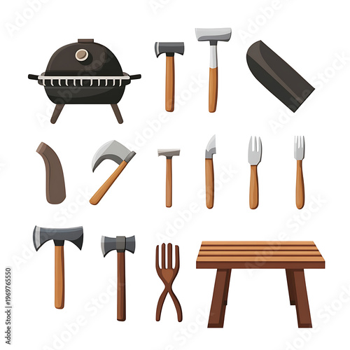 Outdoor BBQ Utensils and Axe Vector
