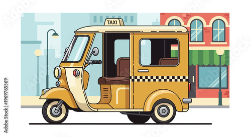 Yellow Auto Rickshaw Taxi in City Street