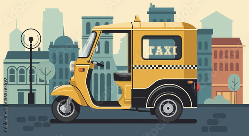 Yellow auto rickshaw taxi in a city with buildings