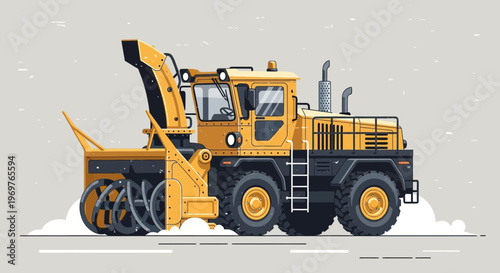 Yellow snow blower machine clearing snow on a grey background