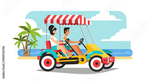 Couple riding a pedal car on a tropical beach with palm trees and ocean