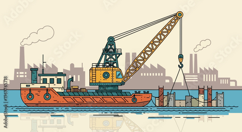 Crane barge loading cargo at industrial waterfront with factories in background