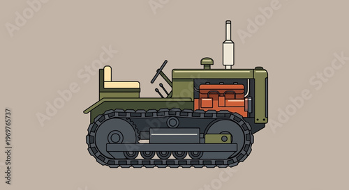 Cutaway illustration of a vintage tracked tractor with exposed engine and seat
