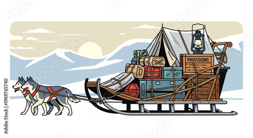 Dog sled team pulling a loaded sled through snowy mountains