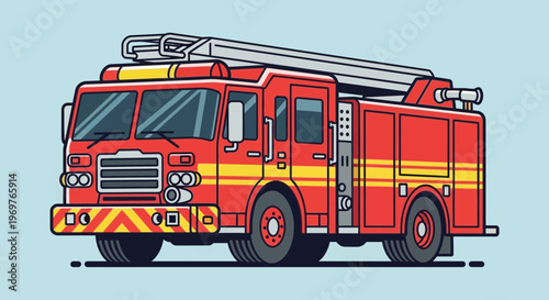 Red fire truck with ladder and flashing lights, front view, illustration