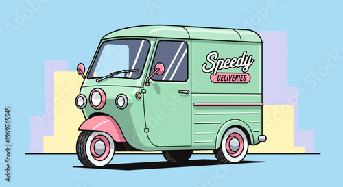 Retro delivery van, Speedy Deliveries, vintage vehicle, cartoon style