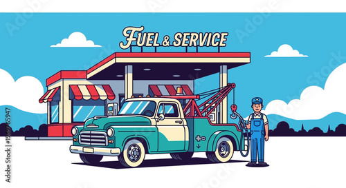 Retro tow truck at vintage gas station with attendant