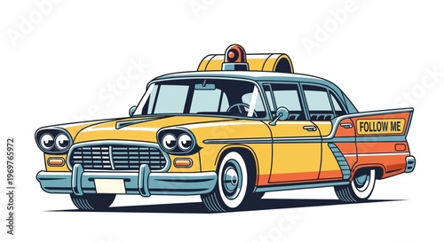 Retro Yellow Taxi Cab with Googly Eyes and "Follow Me" Sign